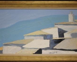 LOT #5063 - ROGER MUHL (1929-2008), O/C OF ROOFTOPS, SIGNED