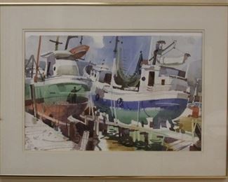 LOT #5102 - TOM HILL, WATERCOLOR OF BOATS AT HARBOR
