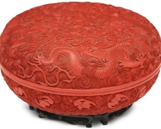 LOT #5293 - EARLY CHINESE CINNABAR CARVED BOX, 10 1/2" D