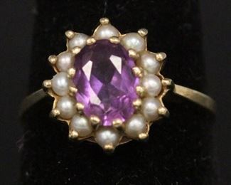 LOT #5332 - AMETHYST & PEARL 14KT YELLOW GOLD RING