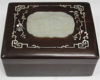 LOT #5485 - CHINESE ROSEWOOD BOX W/ MOTHER OF PEARL & JADE