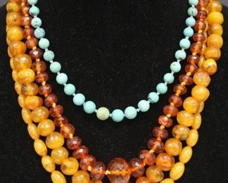 LOT #5487 - LOT OF (4) CHINESE NECKLACES: AMBER, TURQUOISE