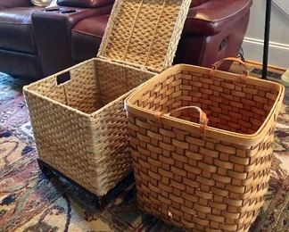 Nice storage basket on wheels and cane basket with leather handles
