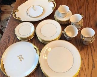 Lenox "Eternal" place setting for 10, plus large matching platter. Monogrammed "R" gold rim china