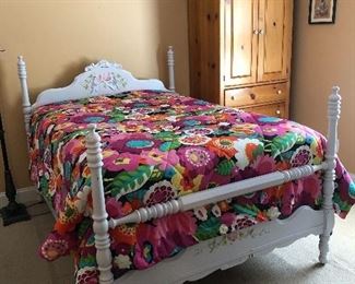 Full size antique bed and pine wardrobe