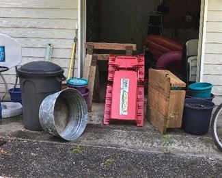 Trash can, rain barrel, sled, colored pots, saw-horses, Huff "Blue Ridge" index shifting bike and more!