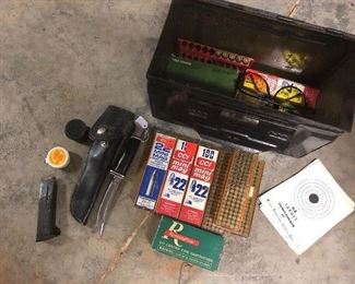 Buck knife, ammo and metal chest...