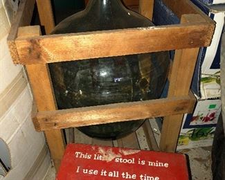 Large unusual shaped green glass bottle in it's own 'case'!