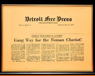 Framed vintage newspaper clipping regarding Ben Hur chariot...