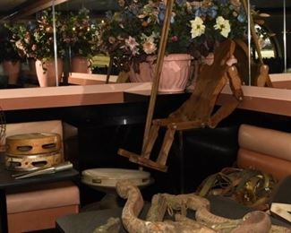 Vintage MGM movie props, tambourines, wood yokes...plus unusual articulated wood figure