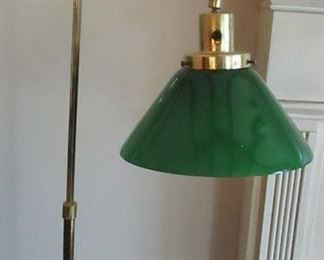 brass and green glass shade floor lamp