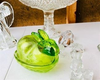 green cut glass bunny & various cut glass pieces