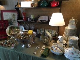 Silver punch bowl & cups; antique china