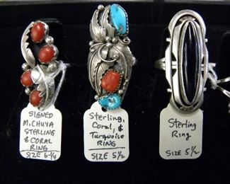 Sterling Silver Turquoise, Coral & Onyx Rings