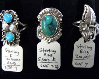 Sterling Silver & Turquoise Rings, One Signed JK