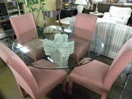 Glass Top Artistic Base Dining Table & 4 Upholstered Chairs 
