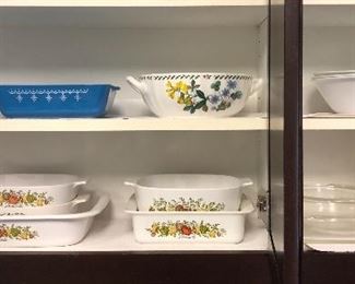 Vintage Pyrex blue Snowflake containers, Mikasa Maxima 'Summer Symphony' bowl, Corning Ware "Spice" casseroles 