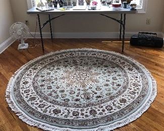 Silk round rug, 6.3 diameter,  Tea pots, fan, radio, lamp and more                        