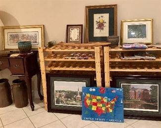 Wine racks, pictures, pottery, Cherry Lowboy table, lamp , Tom Mewborn Prints ( ‘Early Morning on Lake Demorest 423/500) (‘Spring at Piedmont’ 454/500)  ...