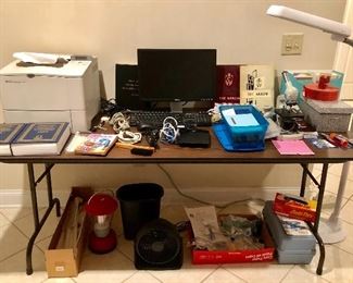 HP LaserJet 4000 Printer, Dell computer screen and keyboard, Wolfe No 931374 Microscope w slides...,Hach Fish Farmer’s water tester kit, Coleman lantern....