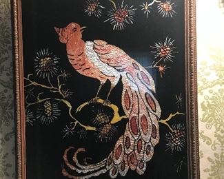 Antique foil folk art peacock picture