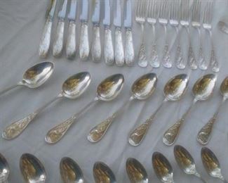 Tiffany & Co Sterling set for 8 in the Audubon Pattern: 8 each of dinner forks; lunch forks; salad forks; soup spoons; teaspoons; dinner knives; steak knives; iced tea spoons; and one meat fork and serving spoon.
