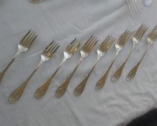 Tiffany & Co Sterling set for 8 in the Audubon Pattern: 8 each of dinner forks; lunch forks; salad forks; soup spoons; teaspoons; dinner knives; steak knives; iced tea spoons; and one meat fork and serving spoon.