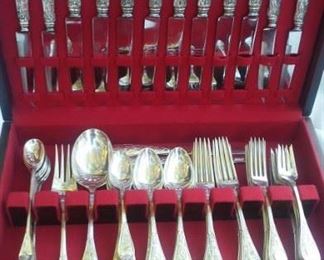Tiffany & Co Sterling set for 8 in the Audubon Pattern: 8 each of dinner forks; lunch forks; salad forks; soup spoons; teaspoons; dinner knives; steak knives; iced tea spoons; and one meat fork and serving spoon.