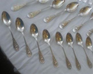 Tiffany & Co Sterling set for 8 in the Audubon Pattern: 8 each of dinner forks; lunch forks; salad forks; soup spoons; teaspoons; dinner knives; steak knives; iced tea spoons; and one meat fork and serving spoon.