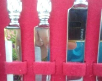 Tiffany & Co Sterling set for 8 in the Audubon Pattern: 8 each of dinner forks; lunch forks; salad forks; soup spoons; teaspoons; dinner knives; steak knives; iced tea spoons; and one meat fork and serving spoon.