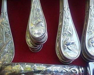 Tiffany & Co Sterling set for 8 in the Audubon Pattern: 8 each of dinner forks; lunch forks; salad forks; soup spoons; teaspoons; dinner knives; steak knives; iced tea spoons; and one meat fork and serving spoon.
