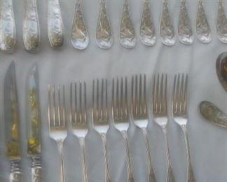 Tiffany & Co Sterling set for 8 in the Audubon Pattern: 8 each of dinner forks; lunch forks; salad forks; soup spoons; teaspoons; dinner knives; steak knives; iced tea spoons; and one meat fork and serving spoon.