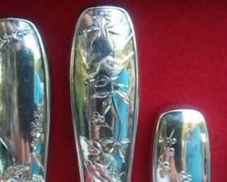 Tiffany & Co Sterling set for 8 in the Audubon Pattern: 8 each of dinner forks; lunch forks; salad forks; soup spoons; teaspoons; dinner knives; steak knives; iced tea spoons; and one meat fork and serving spoon.