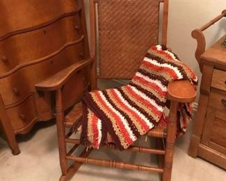 Oak Rocker with lift up tray , hand made afghan