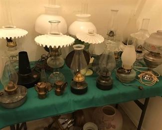 Vintage oil burning and electric lamps, Aladdin, fluted milk glass shades