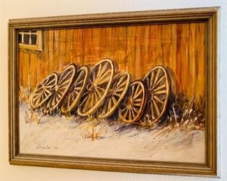 Wagon Wheels, Signed, Framed, Oil Painting