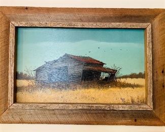 Signed Art, Barn in the Field on Wood
