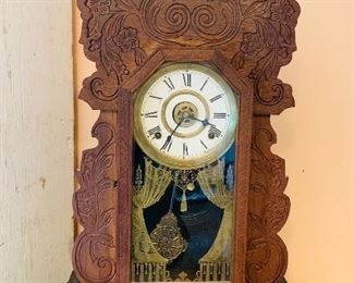 Mantel Clock, True Antique, Hand Carved with Pendulum and Key