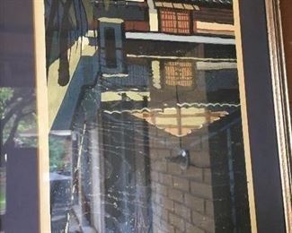 "An Inn by a Pond" color woodblock print by Junichiro Sekino pencil signed lower right