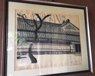 Junichiro Sekino 13 x 16.5 color woodblock print, signed in pencil lower right along with red seal also 1954 and 100/100 lower left