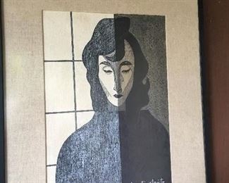 Kiyoshi Saito Portrait of a Woman color woodblock print signed lower right, 20" x 14 set in linen liner and black frame