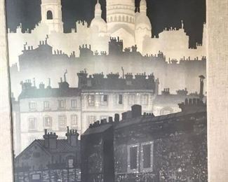 Junichiro Sekino "Sace Coeur" color woodblock print signed at lower right in white ink, 20" x 14" set in linen and black frame