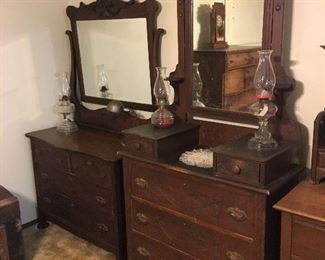 Oil lamps, dressers with mirrors