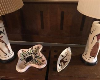 Pair of 1950's Calypso lamps and midcentury ceramics