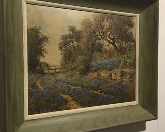 A periodTexas Hill Country bluebonnet print in period frame