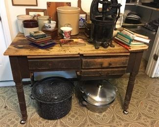 Rustic primitive baker's table, crocks ,granite wear, cast iron