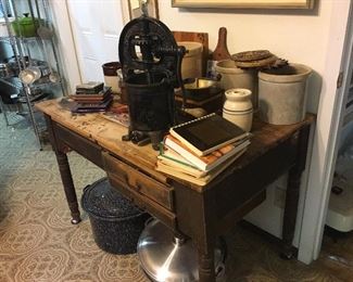 Rustic primitive baker's table, crocks ,granite wear, cast iron