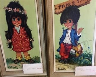 Original Michel Thomas big eye / moppet paintings on canvas with Paris letters "Hitchhiker" and "Flower Child"