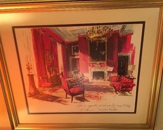 A framed oversized White House Christmas card from the John F Kennedy and Jacqueline Onassis White House