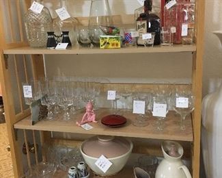 crystal china pottery art glass, California pottery, decanters, mid-century modern